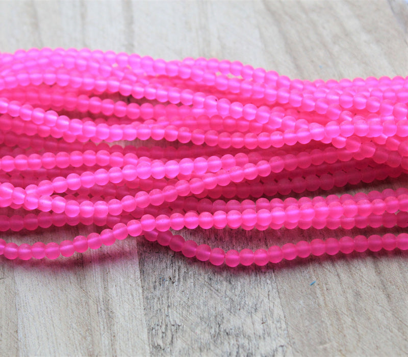1 Strand of Frosted 4mm Round Glass Beads ~ Deep Pink ~ approx. 200 beads