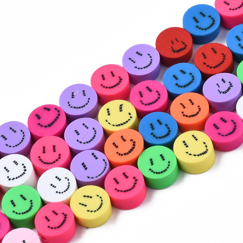 Handmade 9x4mm Flat Round Smiley Face Polymer Clay Beads ~ Mixed Colours ~ approx. 37 beads