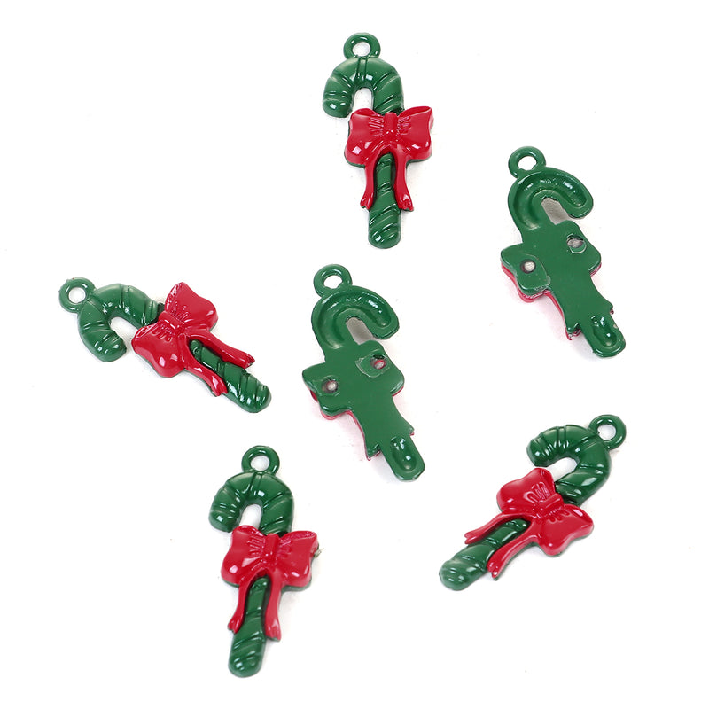 1 x Green & Red Enamel Christmas Candy Cane Charm ~ 29x14mm