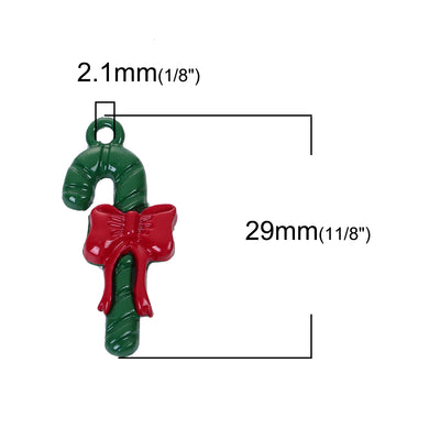 1 x Green & Red Enamel Christmas Candy Cane Charm ~ 29x14mm