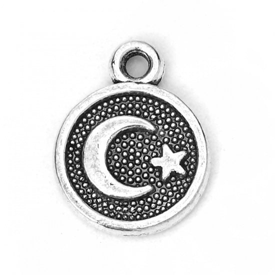 10mm Round Antique Silver Half Moon and Star Charms ~ Pack of 5