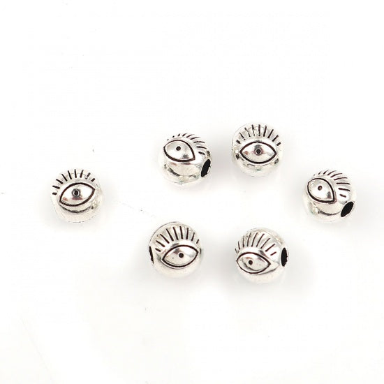 6mm Round Evil Eye Beads ~ Antique Silver ~ Pack of 5