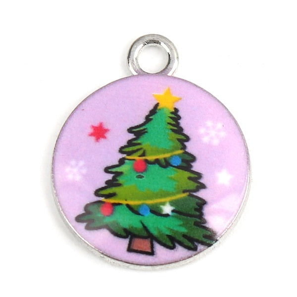 1 x Enamelled Christmas Tree Charm / Pendant ~ 15mm ~ Pink