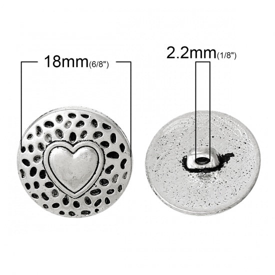 18mm Round Antique Silver Button ~ Heart Design