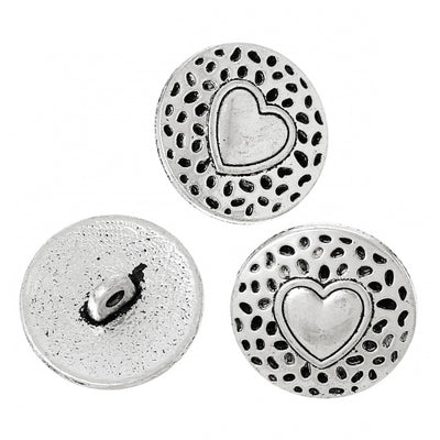 18mm Round Antique Silver Button ~ Heart Design