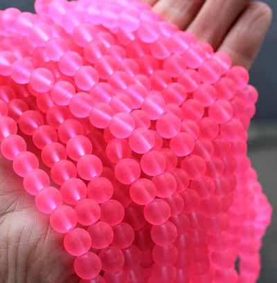 1 Strand x Frosted Round Glass Beads - 8mm - Hot Pink - approx. 99 beads
