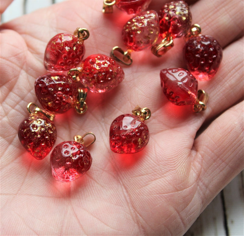 17x11mm Glass Strawberry Pendant with Gold Plated Bail ~ Red