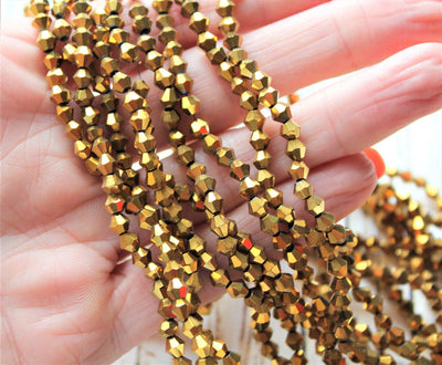 3mm Glass Bicones ~ Approx. 130 Beads / String ~ Gold Plated