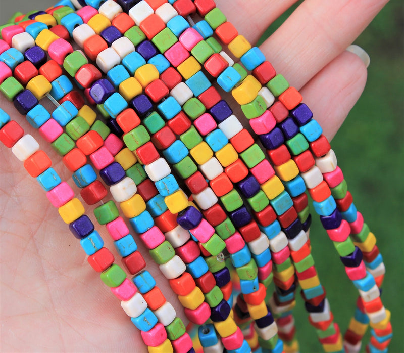 4x4mm Synthetic Turquoise Cube Beads ~ Mixed Colours ~ approx. 95 beads/string