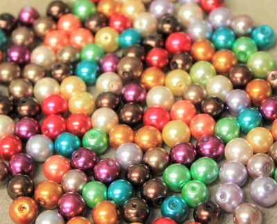 8mm Round Glass Pearls ~ Mixed Colours ~ Pack of 50