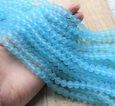 1 Strand x Frosted Round Glass Beads - 8mm - Pale Blue - approx. 99 beads/strand