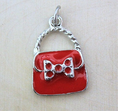 1 Silver Plate Enamel Red Handbag Charm ~ Single Side ~ 25mm