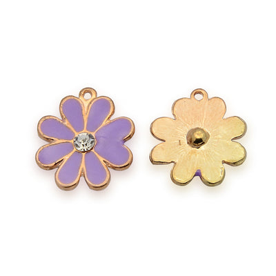 Red Copper Plated Enamelled Charm - Purple Flower with Rhinestone - 16x14mm