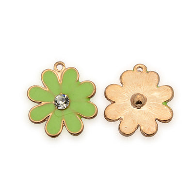 Red Copper Plated Enamelled Charm - Green Flower with Rhinestone - 16x14mm