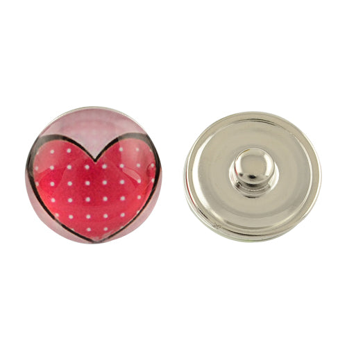 Heart Print Glass Snap Button ~ 18mm ~ Pink
