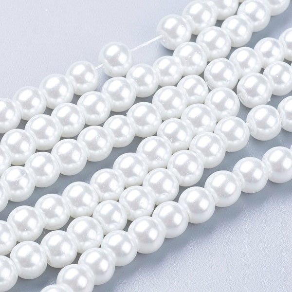 1 Strand of 6mm Glass Pearl Beads ~ White ~ approx. 140 beads