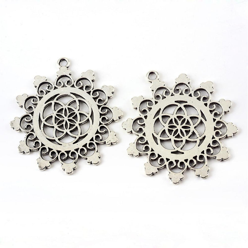 Tibetan Style Flower Pendant ~ Antique Silver ~ 48mm
