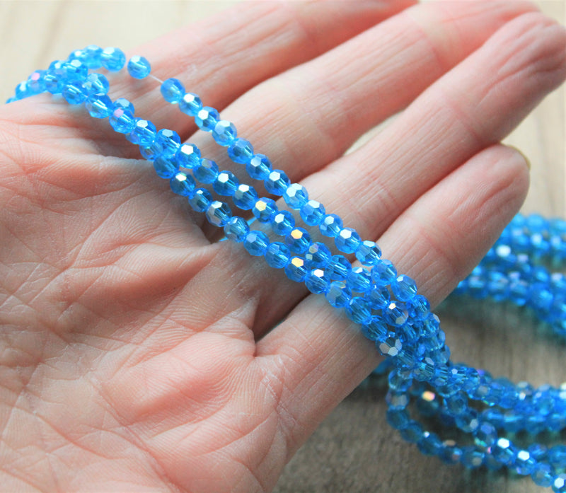 4mm Round Faceted Glass Beads ~ Electroplated Sky Blue AB ~ approx. 100 beads/string