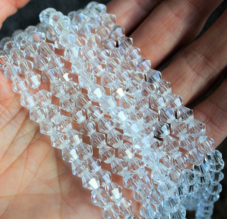 6mm Glass Bicones ~ Crystal Clear ~ 45 beads/string