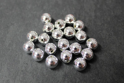 10mm Round Acrylic Beads ~ Metallised Silver Colour ~ 10 Beads