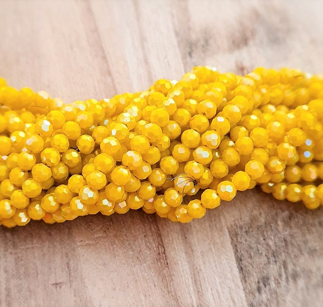 4mm Round Faceted Glass Beads ~ Electroplated Opaque Yellow ~ approx. 95 beads/string