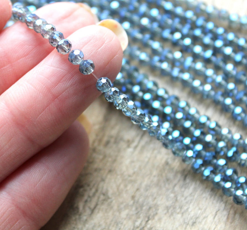 3mm Round Faceted Crystal Glass Beads ~ Electroplated Blue ~ approx. 100 beads/string