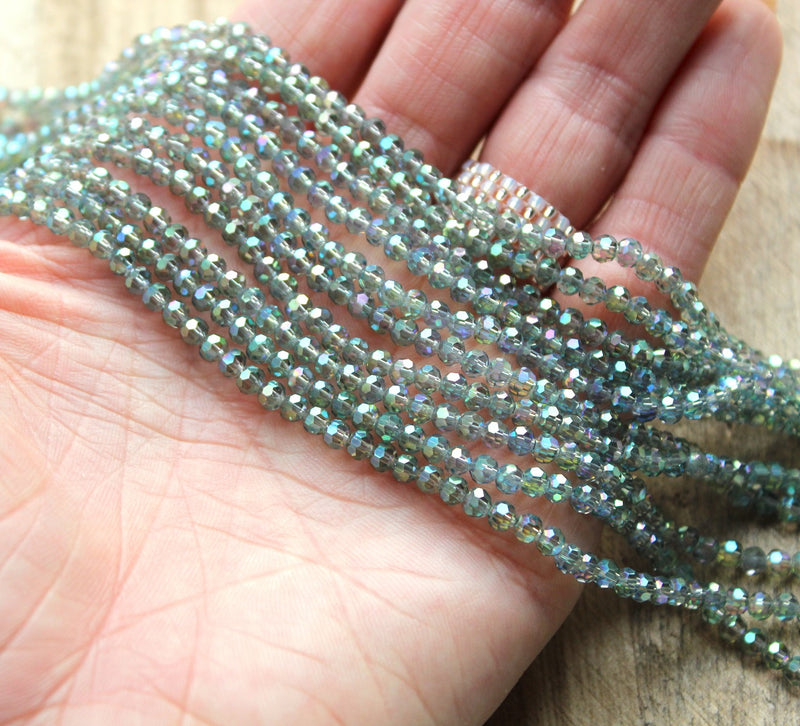 3mm Round Faceted Crystal Glass Beads ~ Electroplated Green Rainbow ~ approx. 100 beads/string