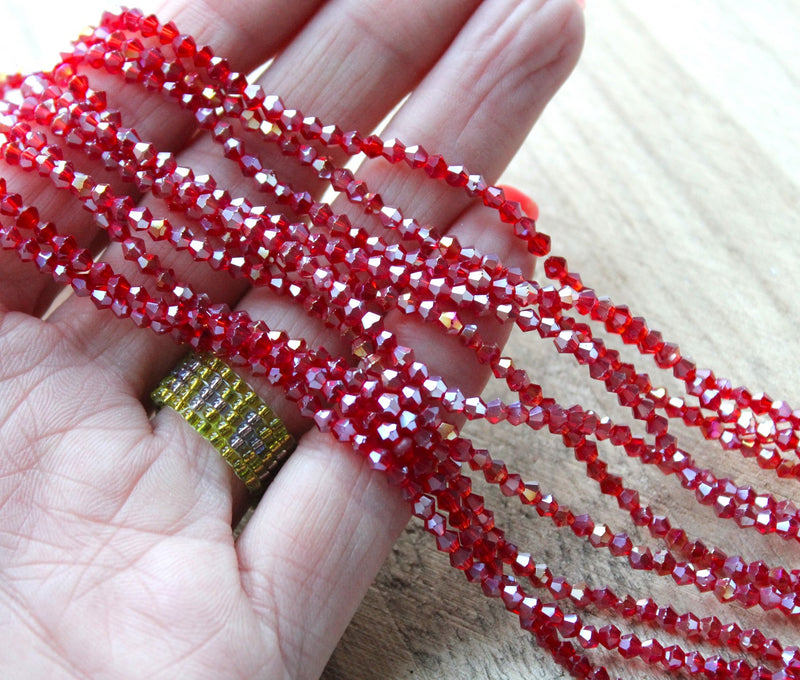 1 Strand of 2mm Glass Bicones ~ Red AB ~ approx. 200 beads