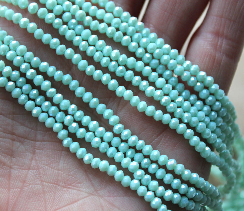 1 Strand of 3x2mm Faceted Crystal Glass Rondelle Beads ~ Opaque Lustred Pale Cyan ~ approx. 165 beads