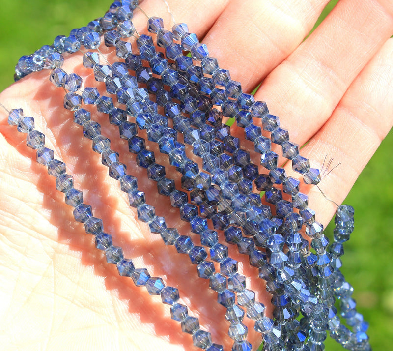 4mm Electroplated Crystal Glass Bicones ~ Blue ~ approx. 85 beads/string