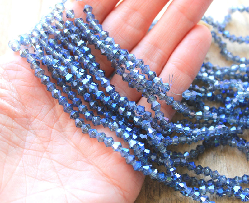 4mm Electroplated Crystal Glass Bicones ~ Blue ~ approx. 85 beads/string