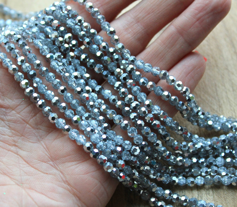 4mm Round Faceted Crystal Glass Beads ~ Half Silver Plated Crystal ~ approx. 90 beads/string