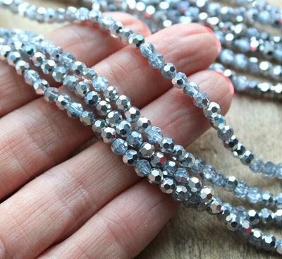 4mm Round Faceted Crystal Glass Beads ~ Half Silver Plated Crystal ~ approx. 90 beads/string