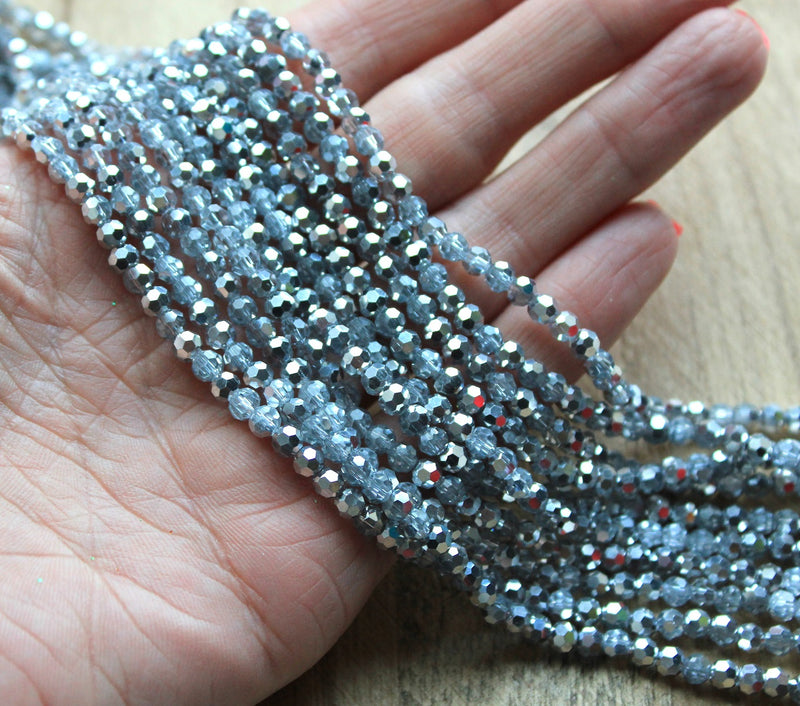 4mm Round Faceted Crystal Glass Beads ~ Half Silver Plated Crystal ~ approx. 90 beads/string