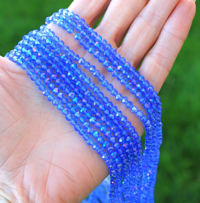1 Strand of 4x3mm Electroplated Faceted Glass Rondelle Beads ~ Cornflower Blue AB ~ approx. 123 beads
