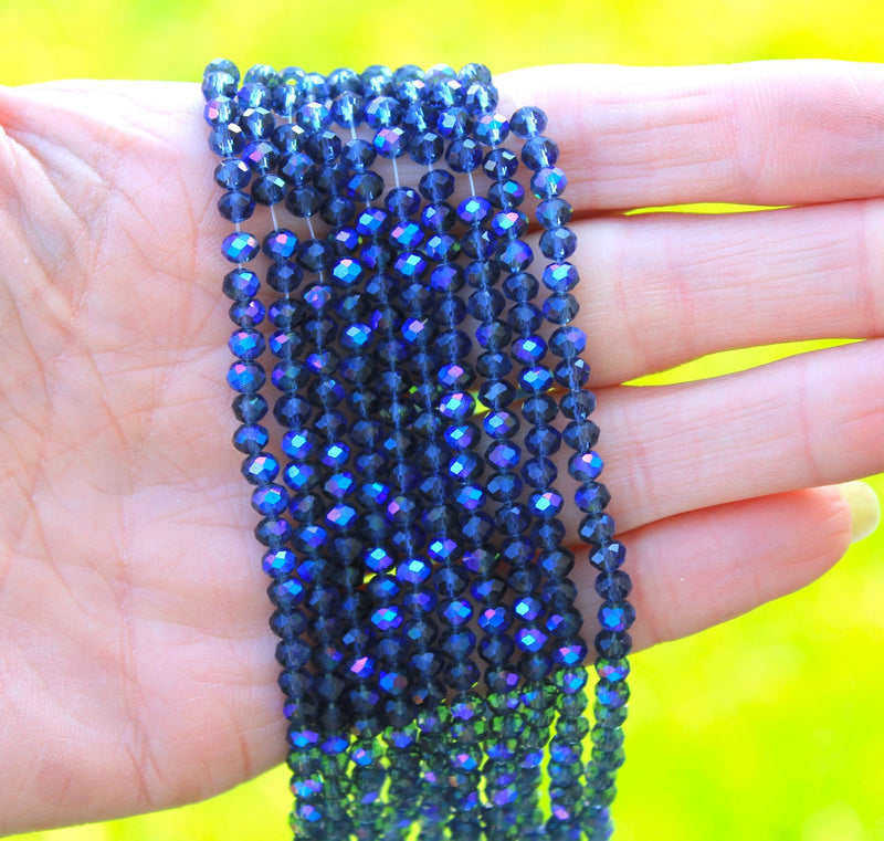 1 Strand of 4x3mm Electroplated Faceted Glass Rondelle Beads ~ Montana Blue AB ~ approx. 123 beads