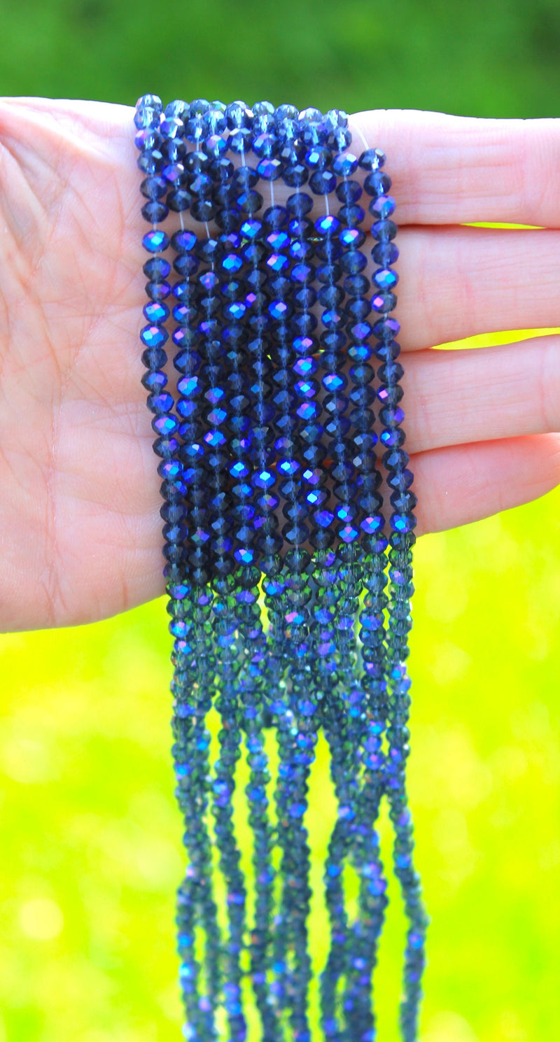 1 Strand of 4x3mm Electroplated Faceted Glass Rondelle Beads ~ Montana Blue AB ~ approx. 123 beads