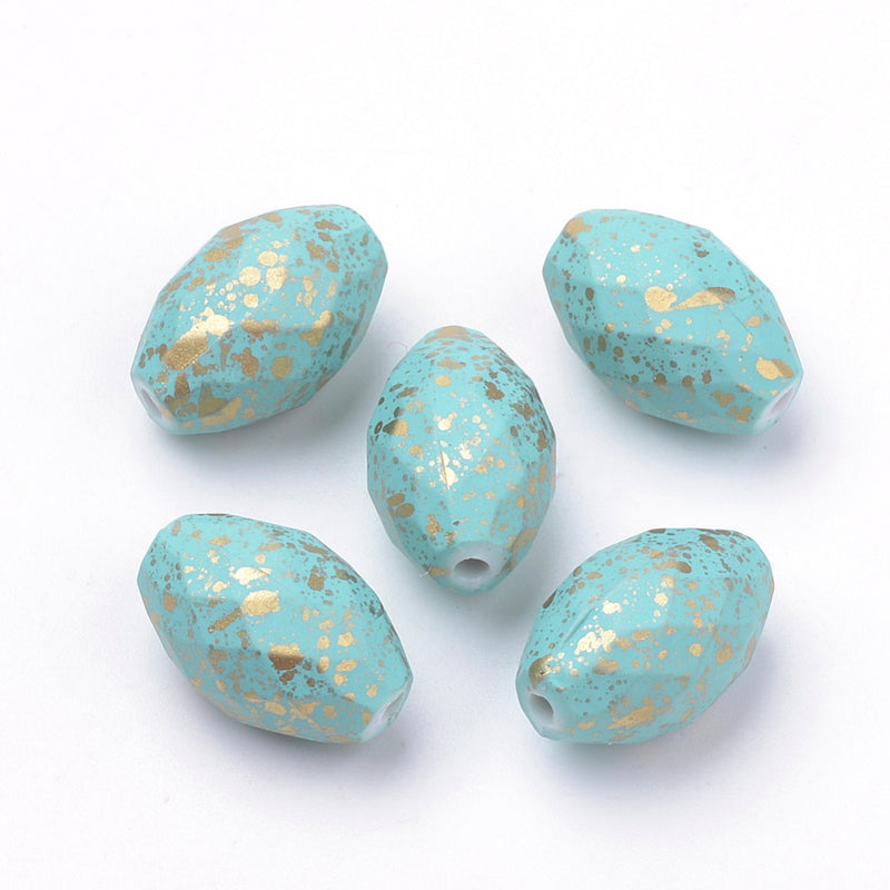 Spray Painted Acrylic Beads ~ 17x11mm Faceted Ovals ~ Lt. Turquoise and Gold ~ Pack of 10