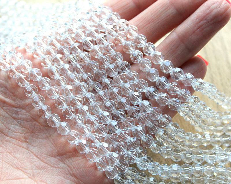 6mm Round Faceted Crystal Glass Beads ~ Crystal Clear ~ approx. 88 beads