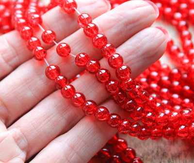 1 Strand of 6mm Round Crackle Glass Beads ~ Red ~ approx. 130 beads