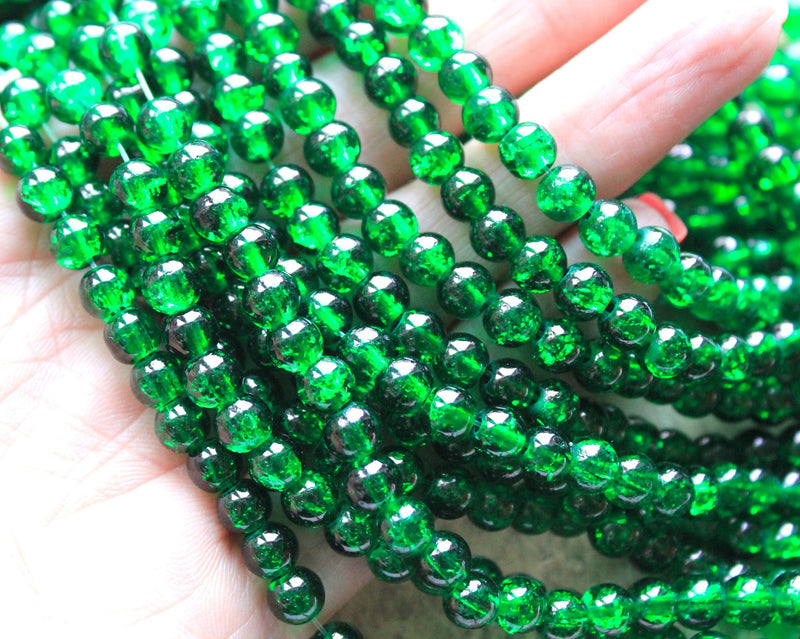 1 Strand of 6mm Round Crackle Glass Beads ~ Green ~ approx. 130 beads