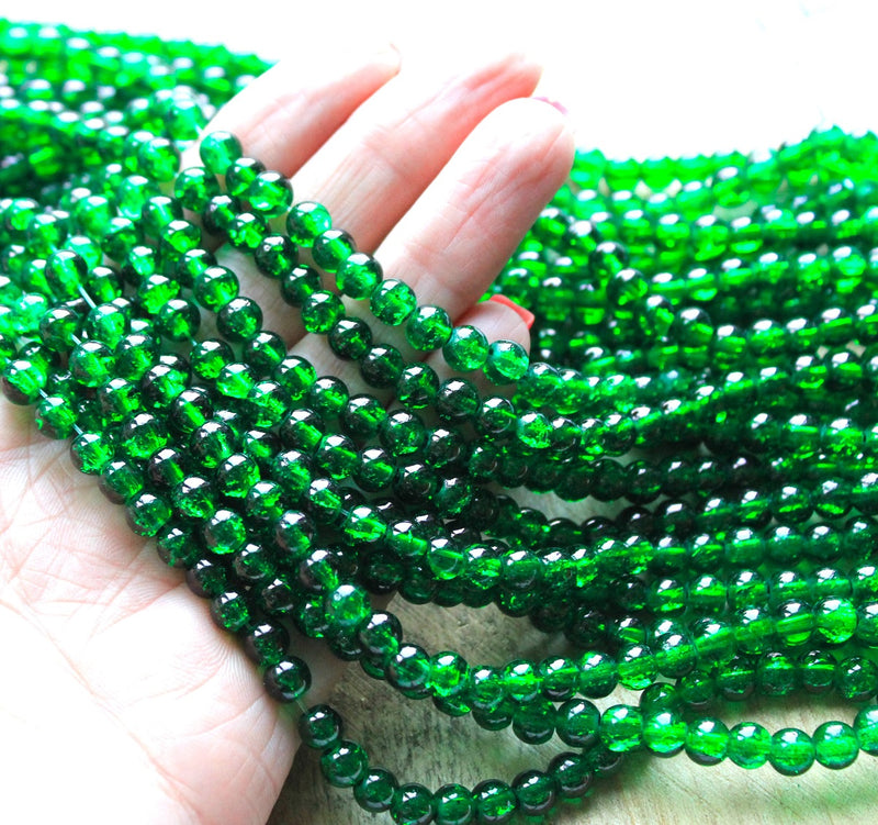 1 Strand of 6mm Round Crackle Glass Beads ~ Green ~ approx. 130 beads