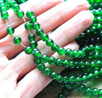 1 Strand of 6mm Round Crackle Glass Beads ~ Green ~ approx. 130 beads