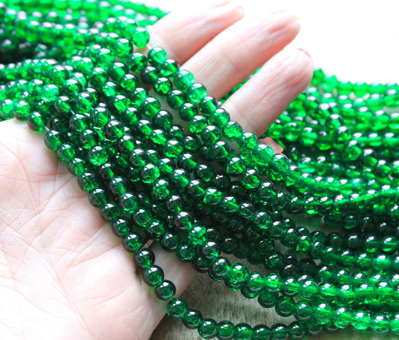 1 Strand of 6mm Round Crackle Glass Beads ~ Green ~ approx. 130 beads