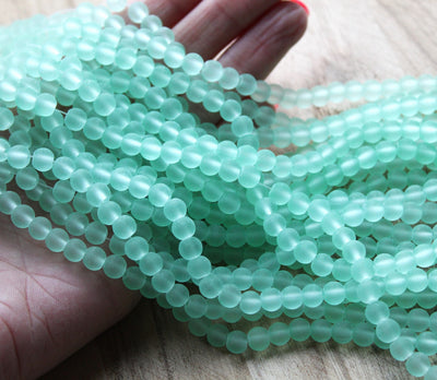 1 Strand of Frosted 6mm Round Glass Beads ~ Pale Green ~ approx. 140 beads
