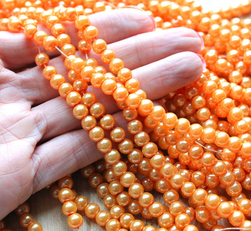 1 Strand of 6mm Glass Pearl Beads ~ Orange ~ approx. 140 beads