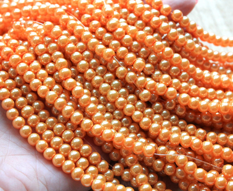 1 Strand of 6mm Glass Pearl Beads ~ Orange ~ approx. 140 beads