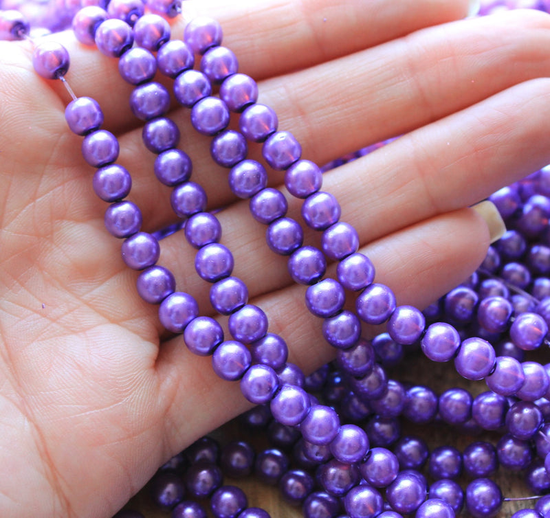 1 Strand of 6mm Glass Pearl Beads ~ Purple ~ approx. 135 beads