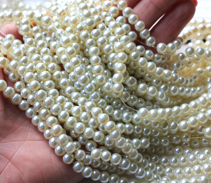 1 Strand of 6mm Glass Pearl Beads ~ Ivory ~ approx. 140 beads