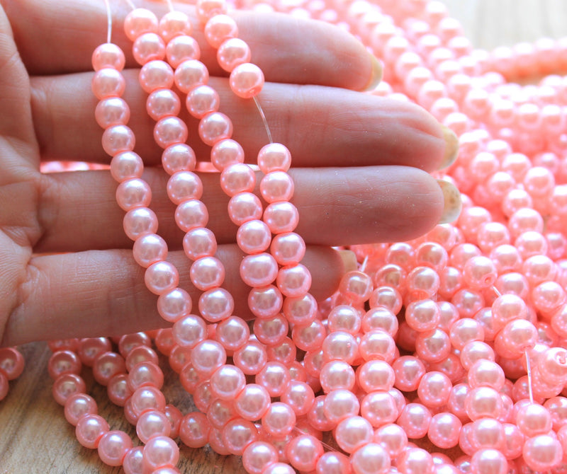 1 Strand of 6mm Glass Pearl Beads ~ Pink ~ approx. 135 beads